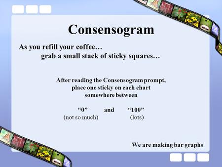 Consensogram As you refill your coffee… grab a small stack of sticky squares… After reading the Consensogram prompt, place one sticky on each chart somewhere.