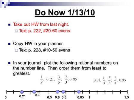 Do Now 1/13/10 Take out HW from last night. Take out HW from last night.  Text p. 222, #20-60 evens Copy HW in your planner. Copy HW in your planner.