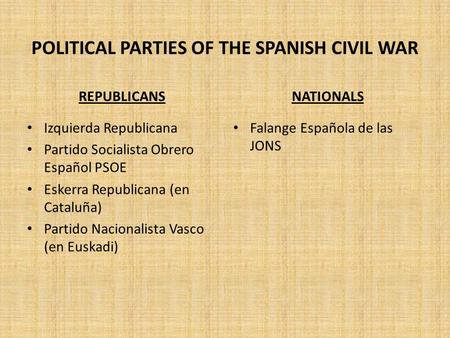 POLITICAL PARTIES OF THE SPANISH CIVIL WAR REPUBLICANS Izquierda Republicana Partido Socialista Obrero Español PSOE Eskerra Republicana (en Cataluña) Partido.