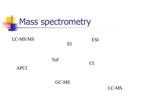 Mass spectrometry EI CI APCI ESI GC-MS LC-MS/MS LC-MS ToF.
