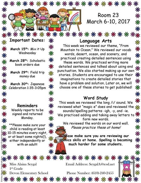 Room 23 March 6-10, 2017 Language Arts Important Dates: Word Study