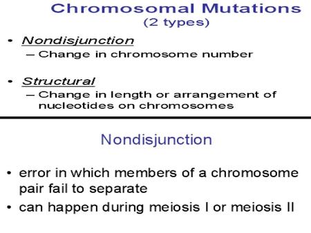 1. Alterations of chromosome number or structure cause some genetic disorders Nondisjunction occurs when problems with the meiotic spindle cause errors.