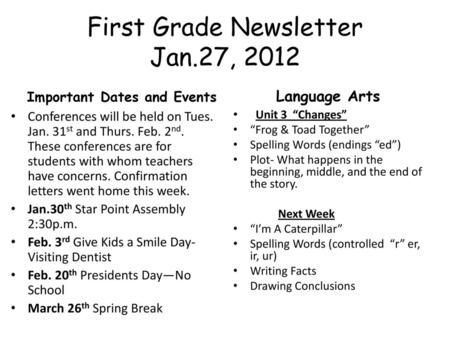 First Grade Newsletter Jan.27, 2012