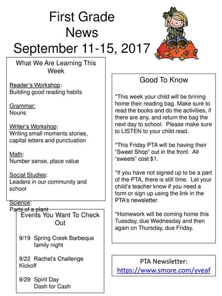 First Grade News September 11-15, 2017 Good To Know PTA Newsletter: