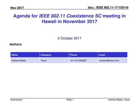 July 2010 doc.: IEEE 802.11-10/0xxxr0 Agenda for IEEE 802.11 Coexistence SC meeting in Hawaii in November 2017 3 October 2017 Authors: Name Company Phone.