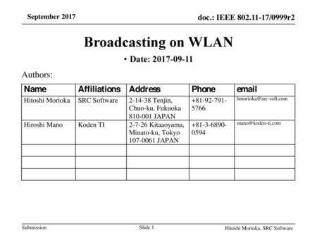 Broadcasting on WLAN Date: Authors: September 2017