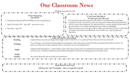 Our Classroom News Reading Writing Math Social Studies