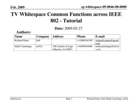 TV Whitespace Common Functions across IEEE Tutorial