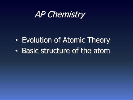 AP Chemistry Evolution of Atomic Theory Basic structure of the atom.