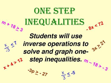 ONE STEP Inequalities m + 18 > 3 - 8x < 72