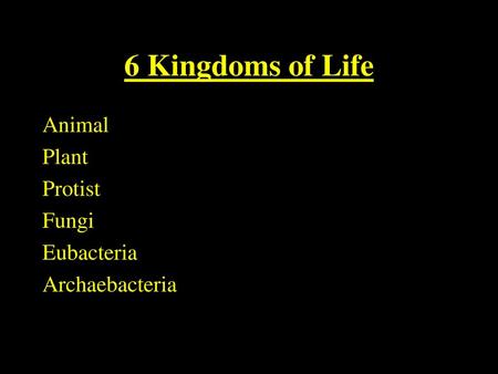 6 Kingdoms of Life Animal Plant Protist Fungi Eubacteria Archaebacteria.