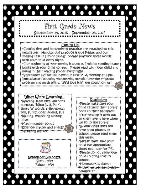 First Grade News September 19, 2016 – September 23, 2016