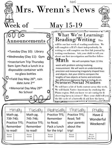 Mrs. Wrenn’s News Week of May 15-19