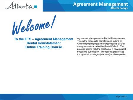 To the ETS – Agreement Management Online Training Course