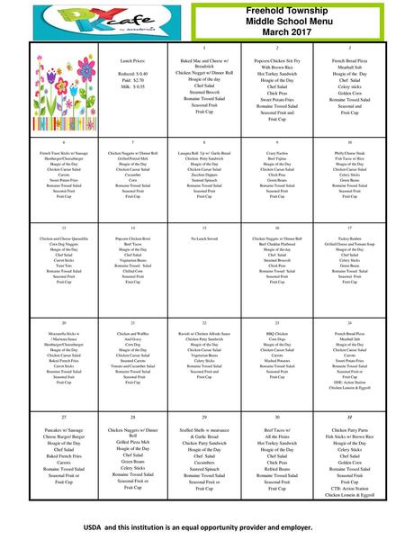 Freehold Township Middle School Menu March 2017