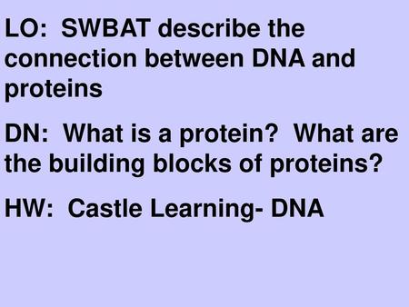 LO:  SWBAT describe the connection between DNA and proteins