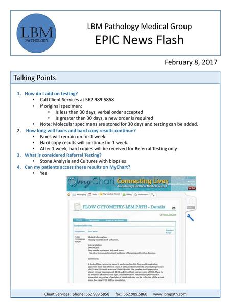 EPIC News Flash LBM Pathology Medical Group February 8, 2017