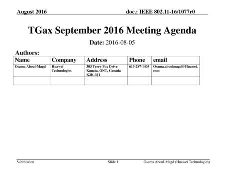 TGax September 2016 Meeting Agenda