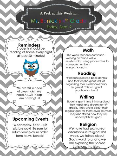 A Peek at This Week in… Ms. Bonick’s 4th Grade Reminders Math Reading