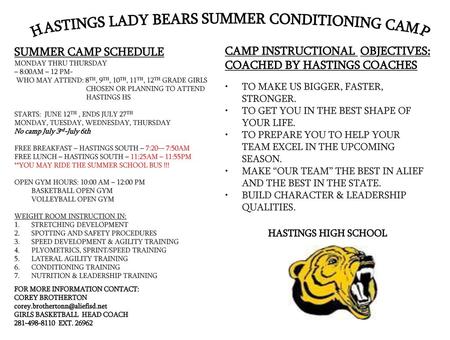 HASTINGS LADY BEARS SUMMER CONDITIONING CAMP