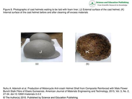 Figure 8. Photographs of cast helmets waiting to be laid with foam liner; (J) External surface of the cast helmet; (K) Internal surface of the cast helmet.