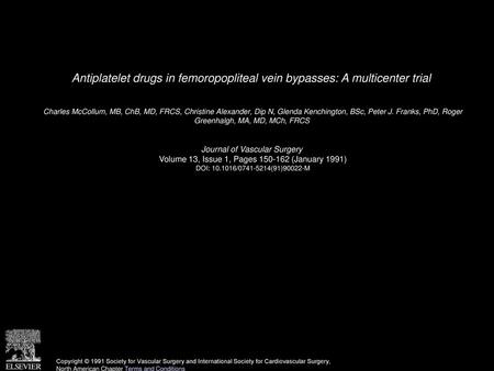 Antiplatelet drugs in femoropopliteal vein bypasses: A multicenter trial  Charles McCollum, MB, ChB, MD, FRCS, Christine Alexander, Dip N, Glenda Kenchington,