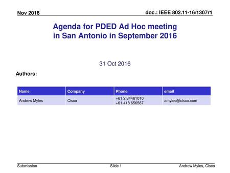 Agenda for PDED Ad Hoc meeting in San Antonio in September 2016