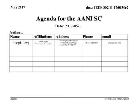 Agenda for the AANI SC Date: Authors: May 2017