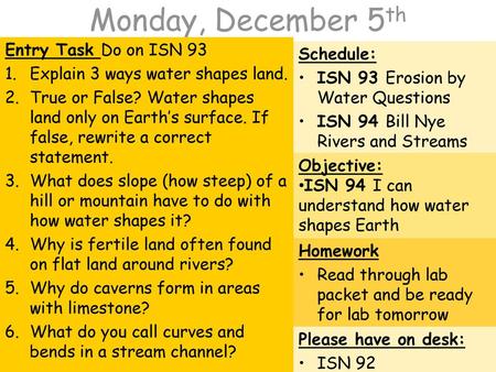 Monday, December 5th Entry Task Do on ISN 93 Schedule: