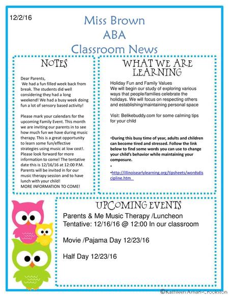 Miss Brown ABA Classroom News Dear Parents,