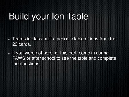 Build your Ion Table Teams in class built a periodic table of ions from the 26 cards. If you were not here for this part, come in during PAWS or after.