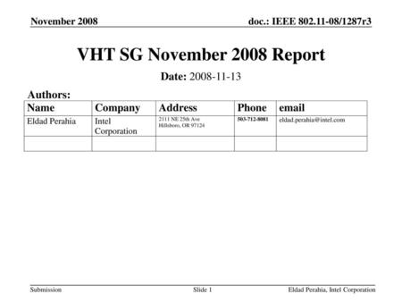 VHT SG November 2008 Report Date: Authors: November 2008