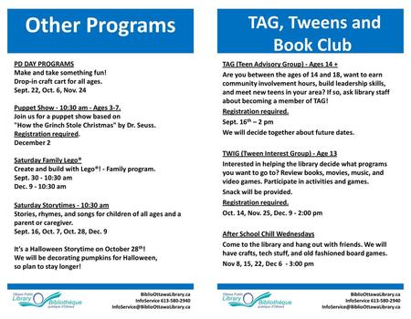 Other Programs TAG, Tweens and Book Club PD DAY PROGRAMS