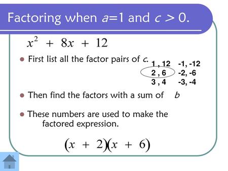 Factoring when a=1 and c > 0.