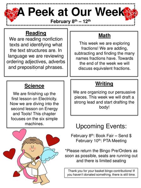 A Peek at Our Week Upcoming Events: Reading Math Writing Science