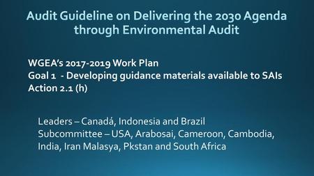 Audit Guideline on Delivering the 2030 Agenda through Environmental Audit WGEA’s 2017-2019 Work Plan Goal 1 - Developing guidance materials available.
