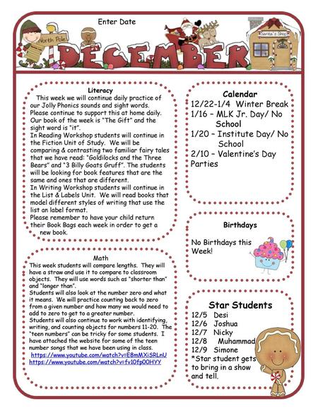 Star Students Calendar 12/22-1/4 Winter Break 1/16 – MLK Jr. Day/ No