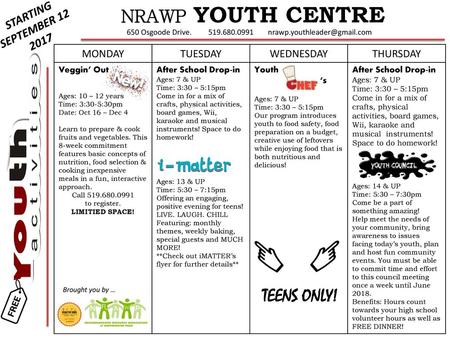NRAWP YOUTH CENTRE TEENS ONLY! STARTING SEPTEMBER MONDAY