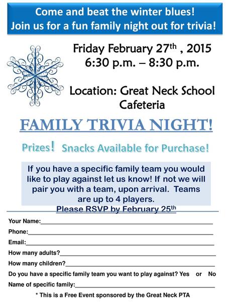 FAMILY TRIVIA NIGHT! Come and beat the winter blues!