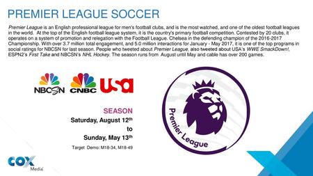 PREMIER LEAGUE SOCCER season Saturday, August 12th to Sunday, May 13th