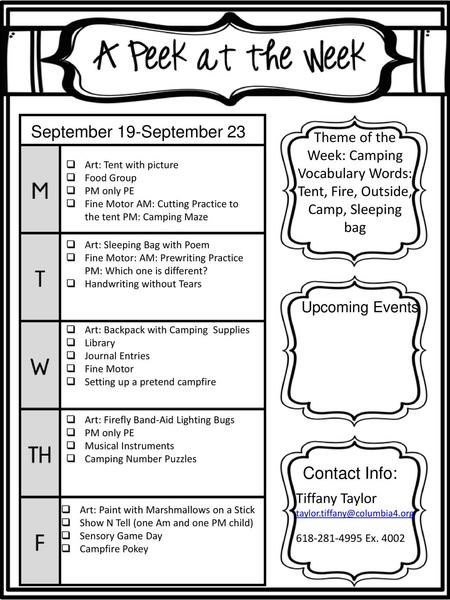 September 19-September 23 Theme of the Week: Camping Vocabulary Words: