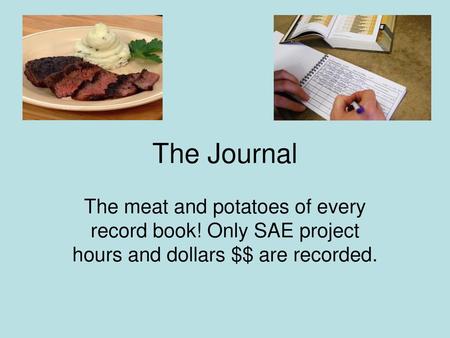 The Journal The meat and potatoes of every record book! Only SAE project hours and dollars $$ are recorded.