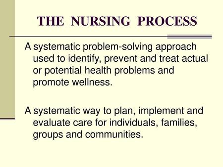 THE NURSING PROCESS A systematic problem-solving approach used to identify, prevent and treat actual or potential health problems and promote wellness.