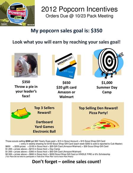 2012 Popcorn Incentives My popcorn sales goal is: $350
