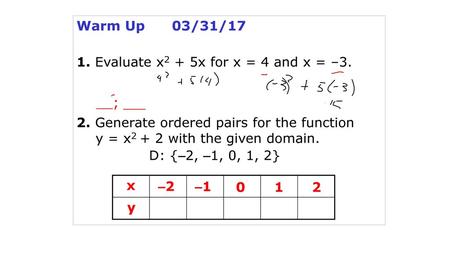 Warm Up /31/17 1. Evaluate x2 + 5x for x = 4 and x = –3. __; ___