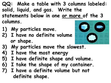 QQ: Make a table with 3 columns labeled: solid, liquid, and gas