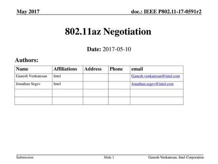 802.11az Negotiation Date: Authors: May 2017 Month Year