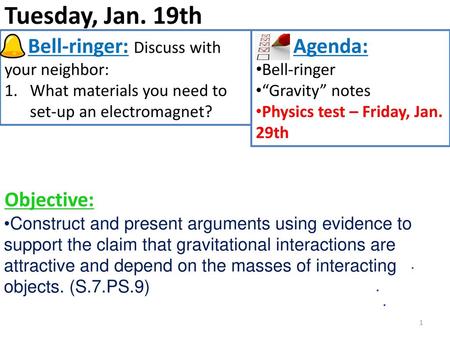 Tuesday, Jan. 19th Objective: Bell-ringer: Discuss with your neighbor: