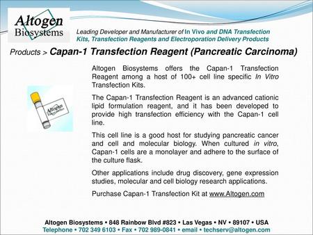 Products > Capan-1 Transfection Reagent (Pancreatic Carcinoma)