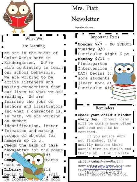 Mrs. Piatt Newsletter Important Dates What We are Learning Reminders